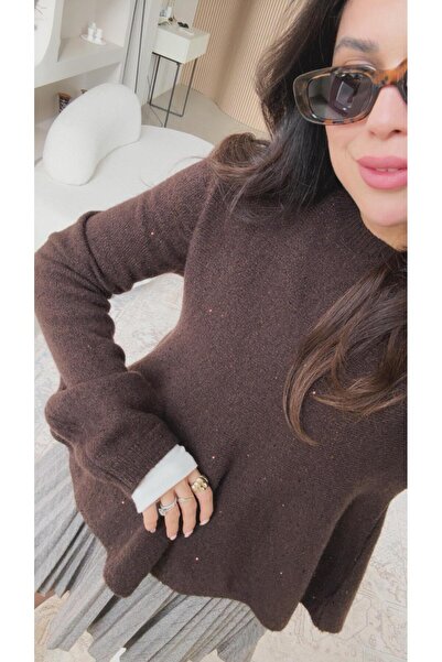 Buket Teke Brown Sequined Flounce Soft Sweater