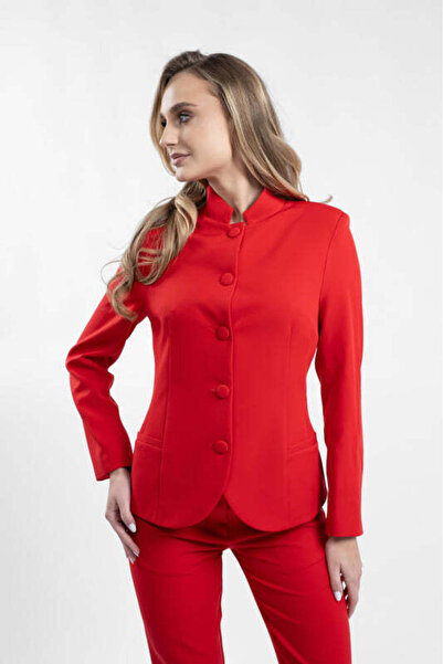 monarh Red suit with fitted jacket and tunic collar
