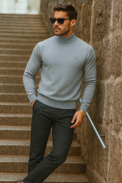 comstar Pulover pentru bărbați, cu jumătate de gât, premium, gri