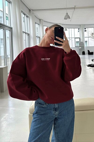 The Champ Clothing Γυναικείο φούτερ oversized CHMP STUDIOS Βουργουνδίας – Λαιμόκοψη, 3 κλωστές από φλις σαρδουνικό