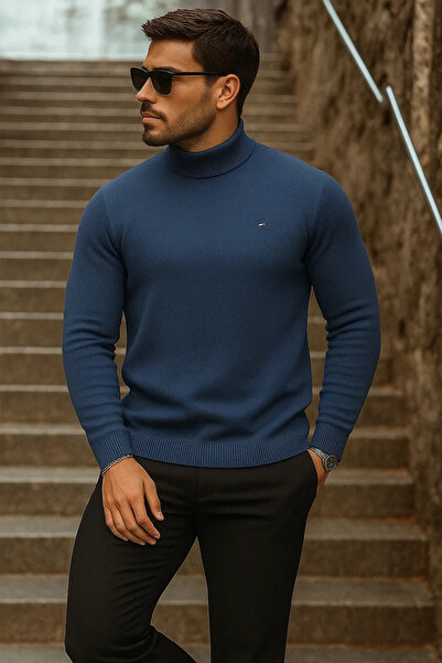 comstar Men's Half-Throated Premium Navy Blue Knit Sweater