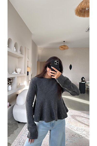Buket Teke Anthracite Sequined Flared Soft Sweater