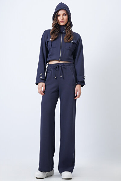 Trend Alaçatı Stili Women's Navy Blue Hooded Double Pocket Jacket and Elastic Waist Trousers Set Vs01710
