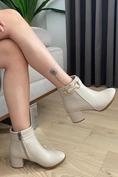 KOCAMANLAR Feles Side Buckle Classic Heeled Women's Boots Beige