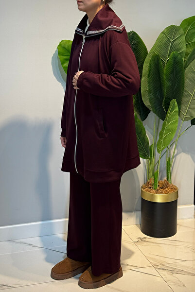 Lale Butik Sequin Detail Front Zipper Tunic Trousers Set 2120 Claret Red