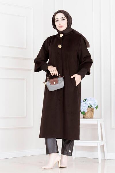 Sevitli Hakim Collar Brooch Button Detailed Coat-Aci Brown