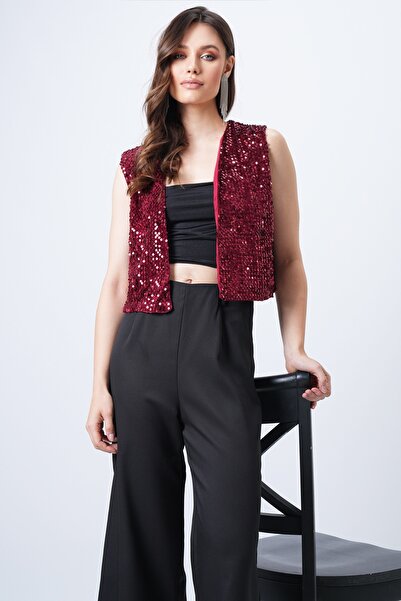 Trend Alaçatı Stili Women's Burgundy Sequin Lined Vest Vs01711