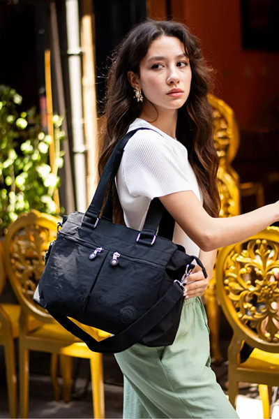 Sanmorris Women's Black Crinkle Fabric Large Size Crossbody Hand & Shoulder Bag