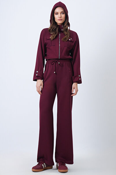 Trend Alaçatı Stili Women's Burgundy Hooded Double Pocket Jacket and Elastic Waist Trousers Set Vs01710