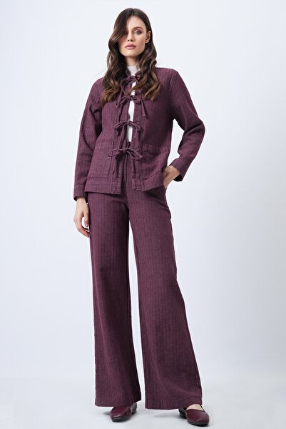 Trend Alaçatı Stili Women's Bordo Textured Lace-Up Detail Jacket and Wide Leg Pants Set Vs01688