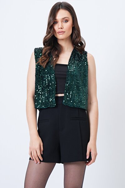 Trend Alaçatı Stili Women's Green Sequin Lined Vest Vs01711