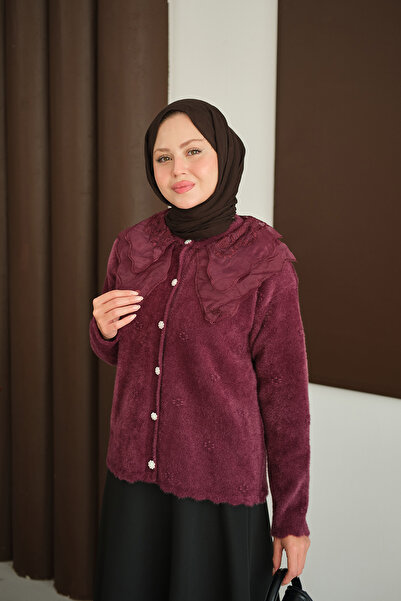 LOCCO Γυναικεία ζακέτα με δαντέλα με φούντα μπορντό