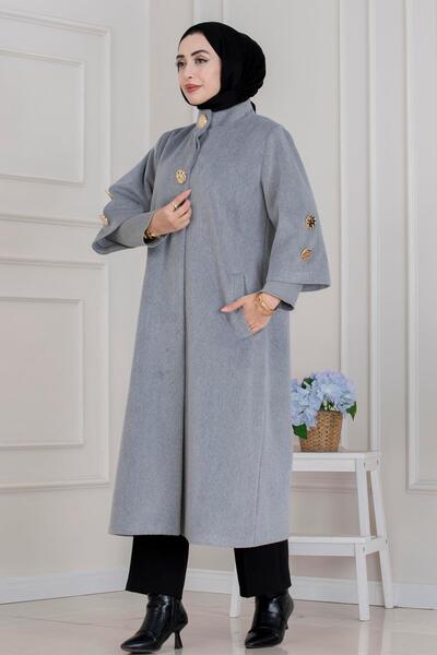 Sevitli Hakim Collar Brooch Button Detailed Coat-Grey