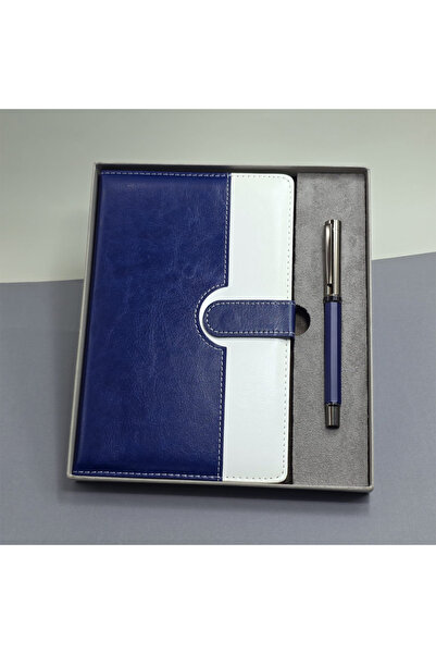 Skygo Blue and White Leather Cover Notebook and Metal Pen Set