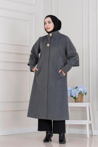 Sevitli Hakim Collar Brooch Button Detailed Coat-Anthracite