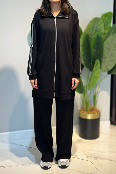 Lale Butik Striped Belt Detail Tunic Trousers Set 2119 Black