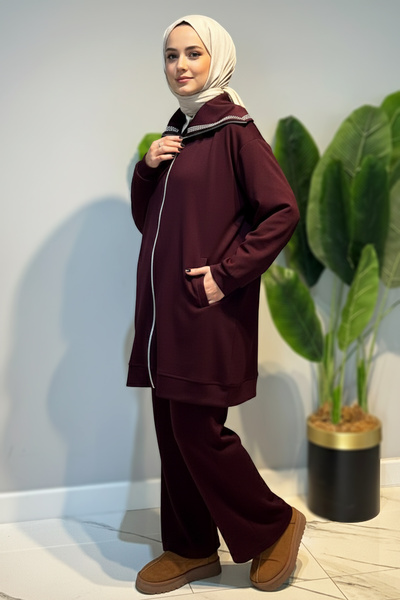 Lale Butik Sequin Detail Front Zipper Tunic Trousers Set 2120 Claret Red