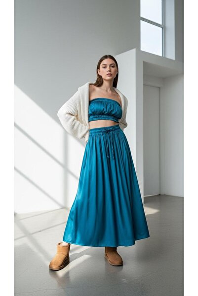 Eight Fashion Women's Satin Beige Color Elastic Waist Drawstring Long Skirt