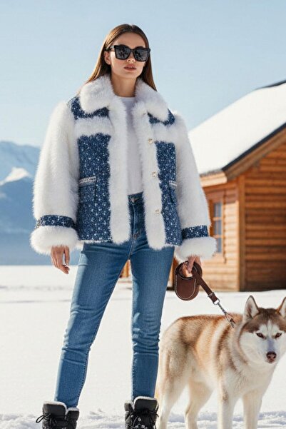 aşkın göksu Mavi Payetli Jean Kadın Mont