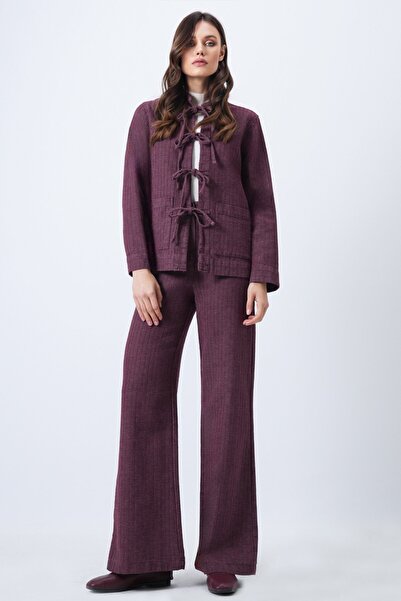 Trend Alaçatı Stili Women's Bordo Textured Lace-Up Detail Jacket and Wide Leg Pants Set Vs01688