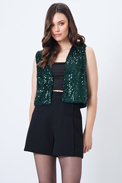 Trend Alaçatı Stili Women's Green Sequin Lined Vest Vs01711