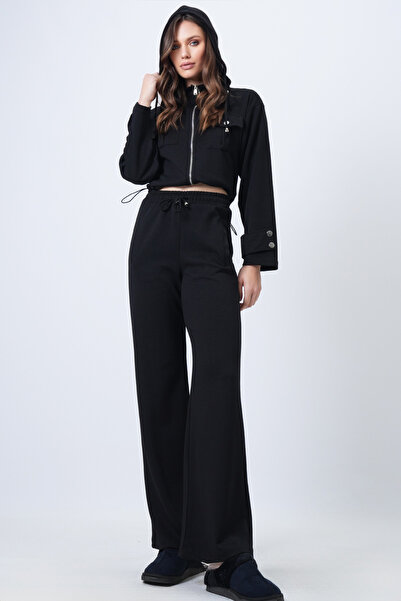 Trend Alaçatı Stili Women's Black Hooded Double Pocket Jacket and Elastic Waist Trousers Set Vs01710