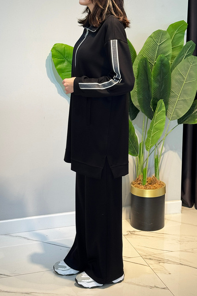 Lale Butik Striped Belt Detail Tunic Trousers Set 2119 Black