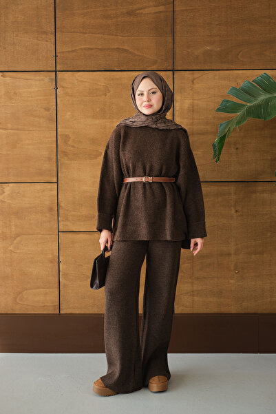 LOCCO Women's Elastic Waist Knitwear Set Brown