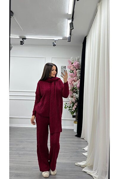 Daves Scarf Hair Braid 3-Piece Knitwear Set - Burgundy