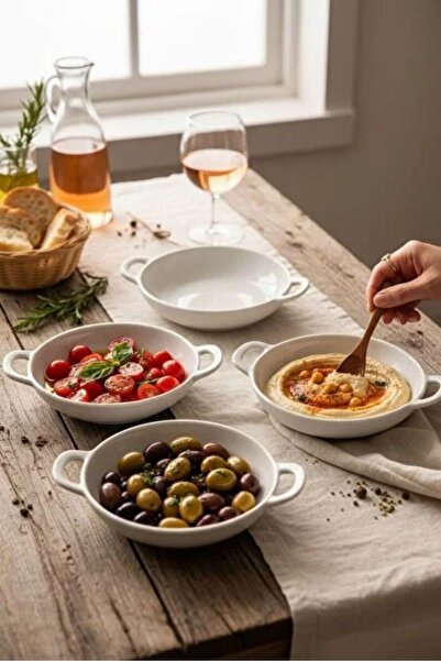 Tekbir 3'lü Porselen Kulplu Yuvarlak Meze ve Sunum Tabağı 19.2x15.1x4.2 Cm