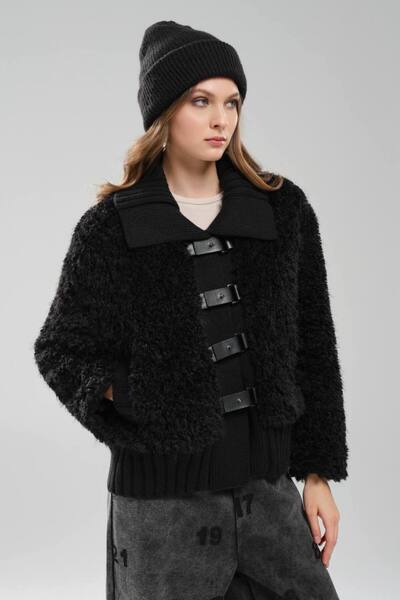 tw3 Γυναικείο πλεκτό παλτό από βελούδινο ύφασμα με κλείσιμο μπροστά και δερμά...