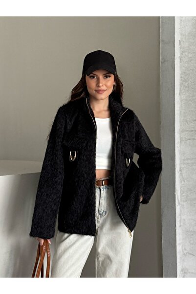 asur boutique Asur Boutique Women's Felt Fabric Buckle Zipper Jacket