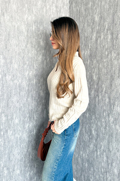 ModaPlaza Women's Corded Fabric Polo Neck Sweater 5059