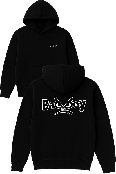 VSRN تصميم باد بوي مطبوع قصة فضفاضة سويت شيرت أسود بغطاء رأس