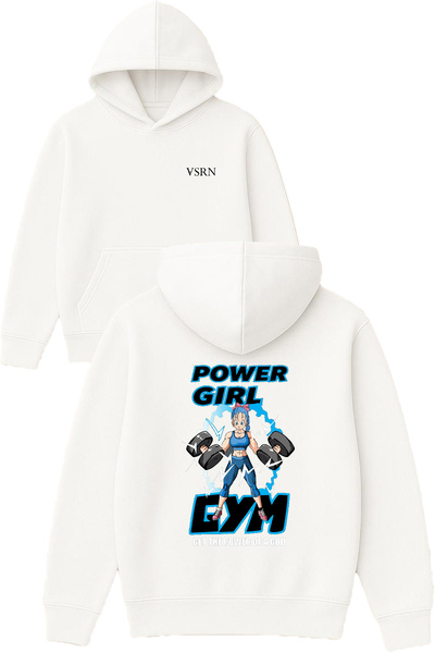 VSRN Hanorac alb supradimensionat cu glugă, cu imprimeu Power Girl Design