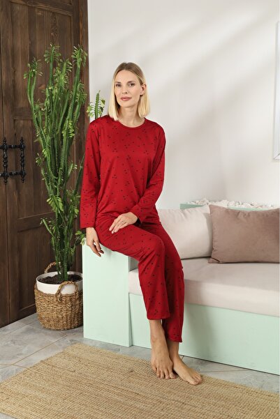 LİLA İÇ GİYİM Women's Long Sleeve Patterned Inside Fleece-Lined Sendy Pajama Set