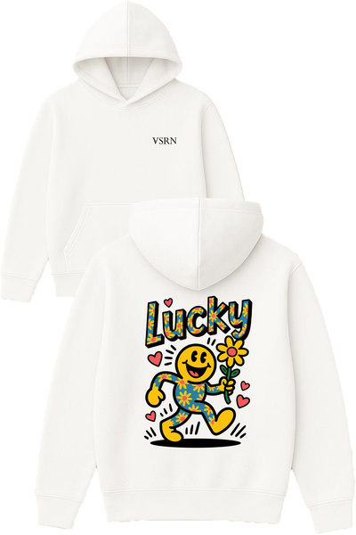 VSRN Hanorac alb supradimensionat cu glugă, imprimat cu design Lucky