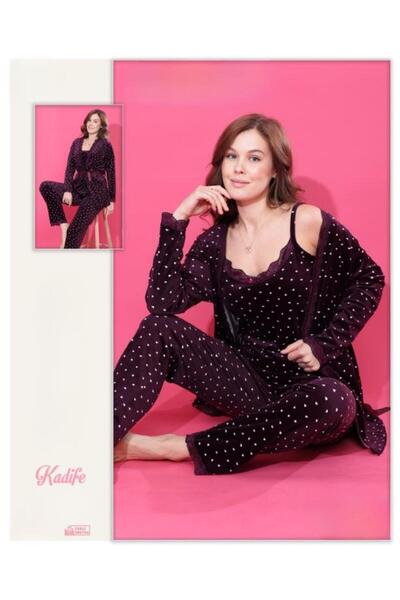 Modella Life Σετ πιτζάμες 3 τεμαχίων με βελούδινη δαντέλα με λεπτομερή σχέδια