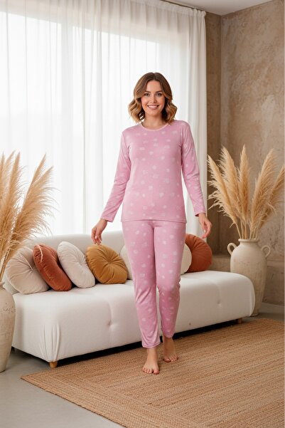 LİLA İÇ GİYİM Women's Long Sleeve Patterned Inside Fleece-Lined Sendy Pajama Set