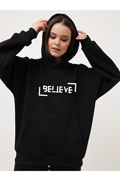 Rivox سويت شيرت أسود للجنسين بغطاء رأس قصة فضفاضة Believe مطبوع