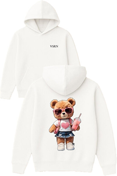 VSRN تصميم دمية الدب الحلوة مطبوع قصة فضفاضة سويت شيرت أبيض بغطاء رأس