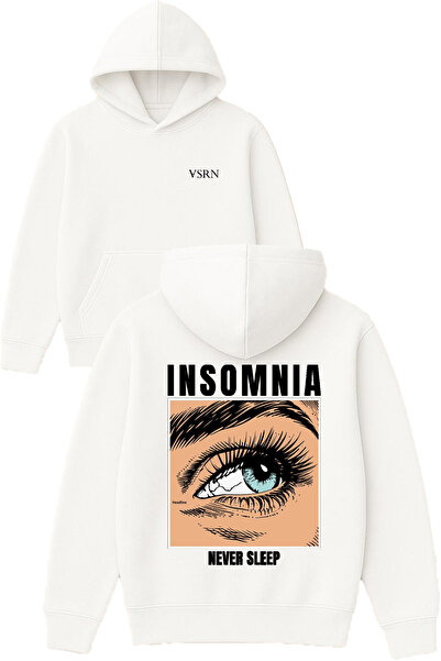 VSRN Hanorac alb supradimensionat cu glugă, imprimat cu design Insomnia