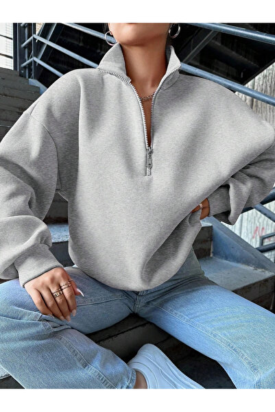 hibiscus 3 Thread Fleece-Lined Half-Zip Sweatshirt Gray