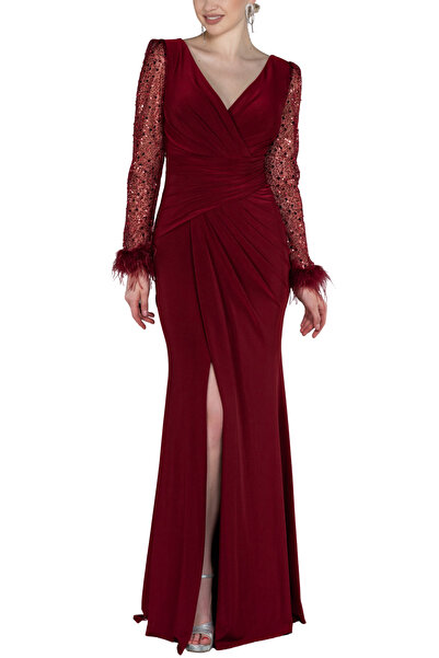 Arden Long Evening Dress, Double-Breasted V-Neck, Sequined Long Sleeve, Draped , Slit Fishtail Evening Dress, 38-44