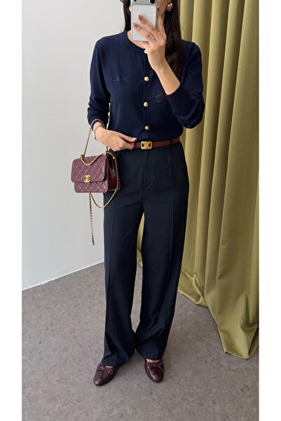 HAZELANNA Navy Blue Palazzo Fabric Trousers