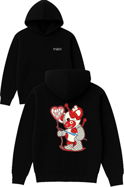 VSRN ستور بير ديزاين مطبوع قصة فضفاضة سويت شيرت أسود بغطاء رأس