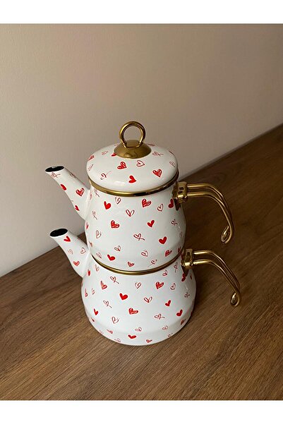 TrendBanyoMutfak Red Heart Enamel 2-Piece Teapot Set – Retro Tea Set