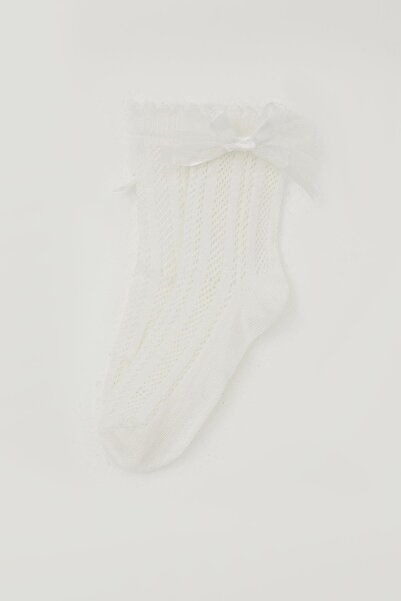 Katamino Girl's Mesh Socks with Bow Accessory on the Ankle, Age 7-8, Ecru