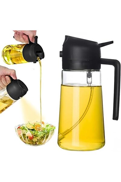 Generic زجاجة موزع زيت 2 في 1، بخاخ زيت 470 مل، زجاج، أسود