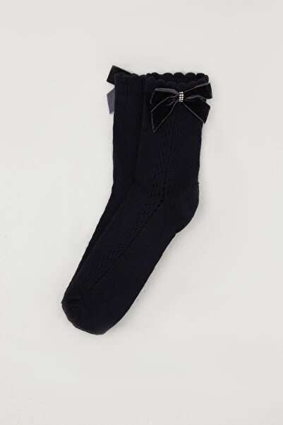 Katamino Girl's Mesh Socks with Bow Accessory and Rhinestones, Age 9-12, Navy Blue